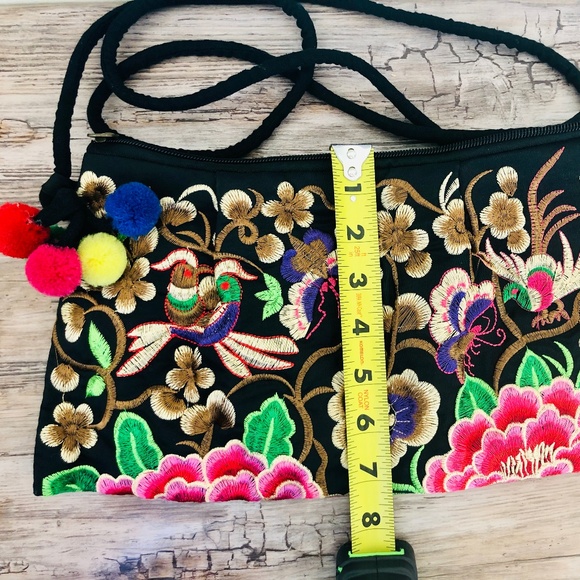 Embroidered Pom Poms Long Shoulder Bag/Crossbody Purse and Wristlet NWOT - Picture 8 of 13